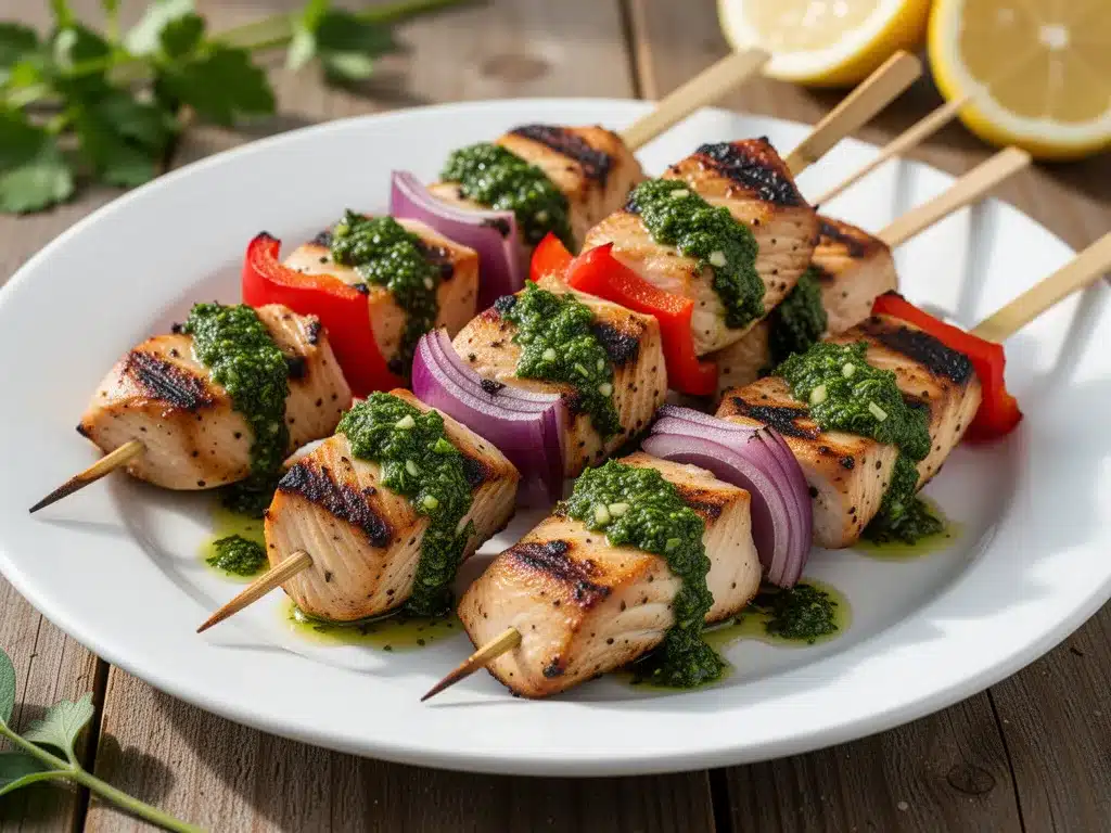 Grilled Chicken Skewers: Easy Summer Dinner Recipe 4 grilled chicken skewers with chimichurri preparation steps