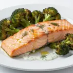 healthy baked salmon with broccoli - featured image