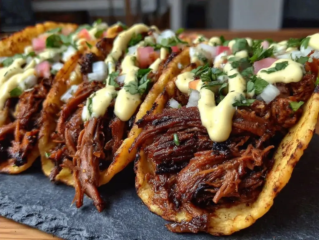 easy crockpot beef barbacoa tacos - featured image