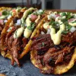easy crockpot beef barbacoa tacos - featured image