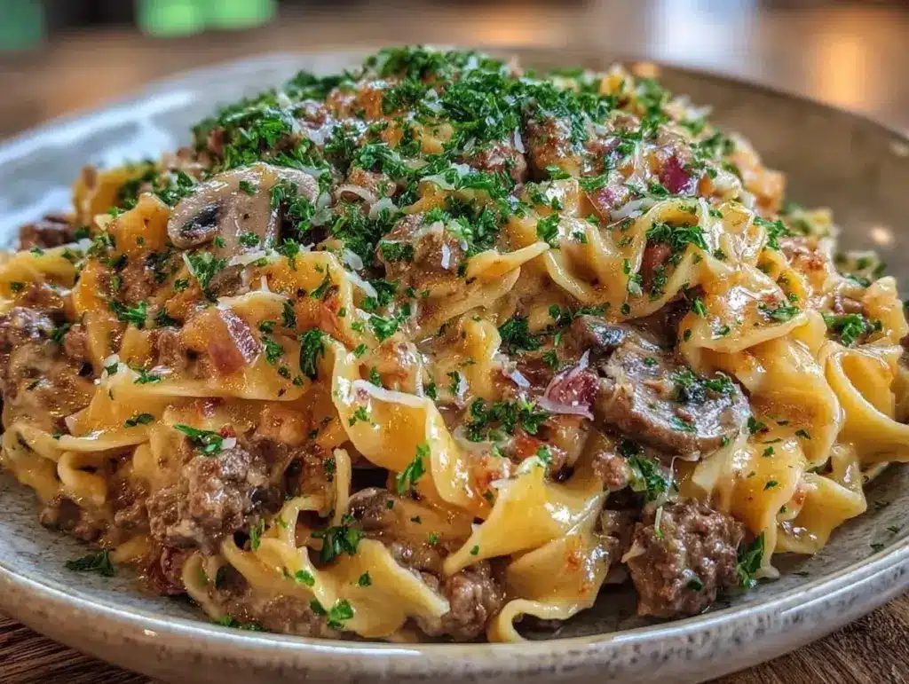 one-pot creamy beef stroganoff - featured image
